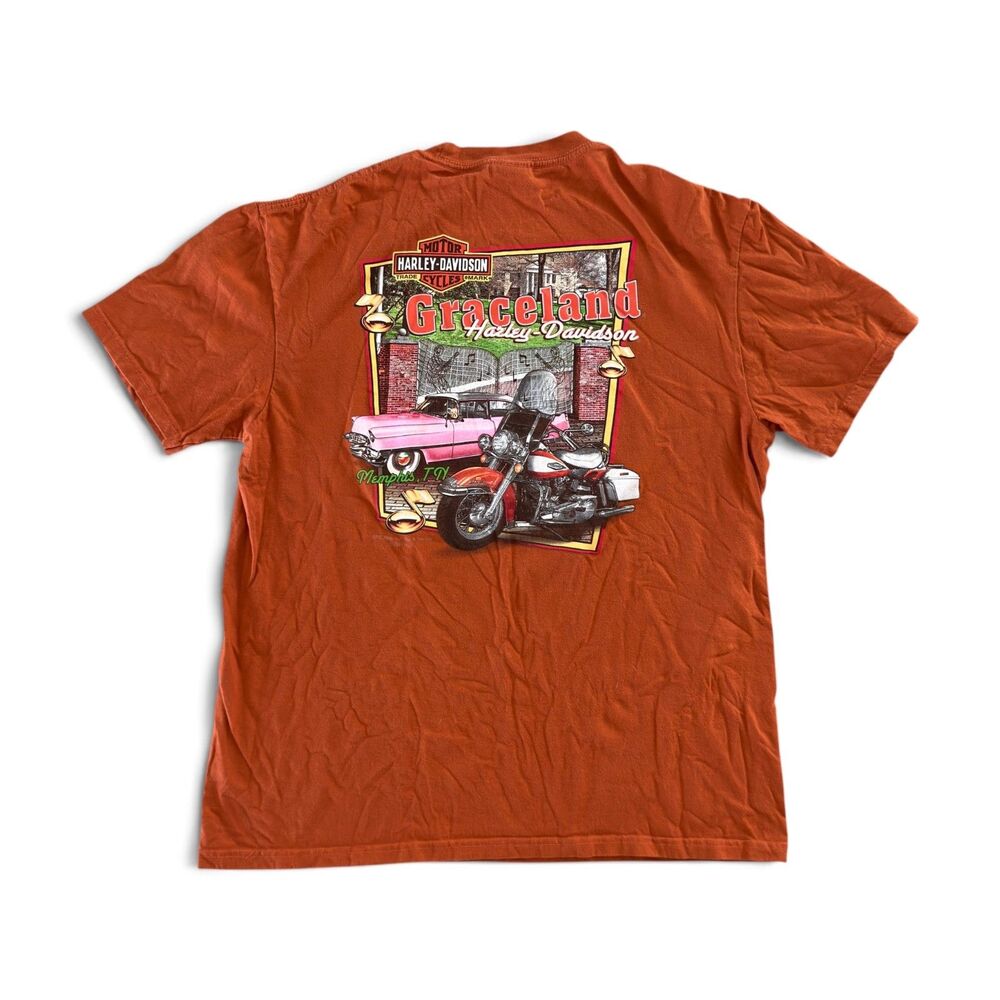 Harley-Davidson Graceland Memphis TN Graphic T-Shirt Men's XL Orange 100% Cotton